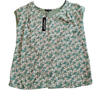 Papermoon V-Neck Floral Top Green Women's Medium Cap Sleeve New Blouse